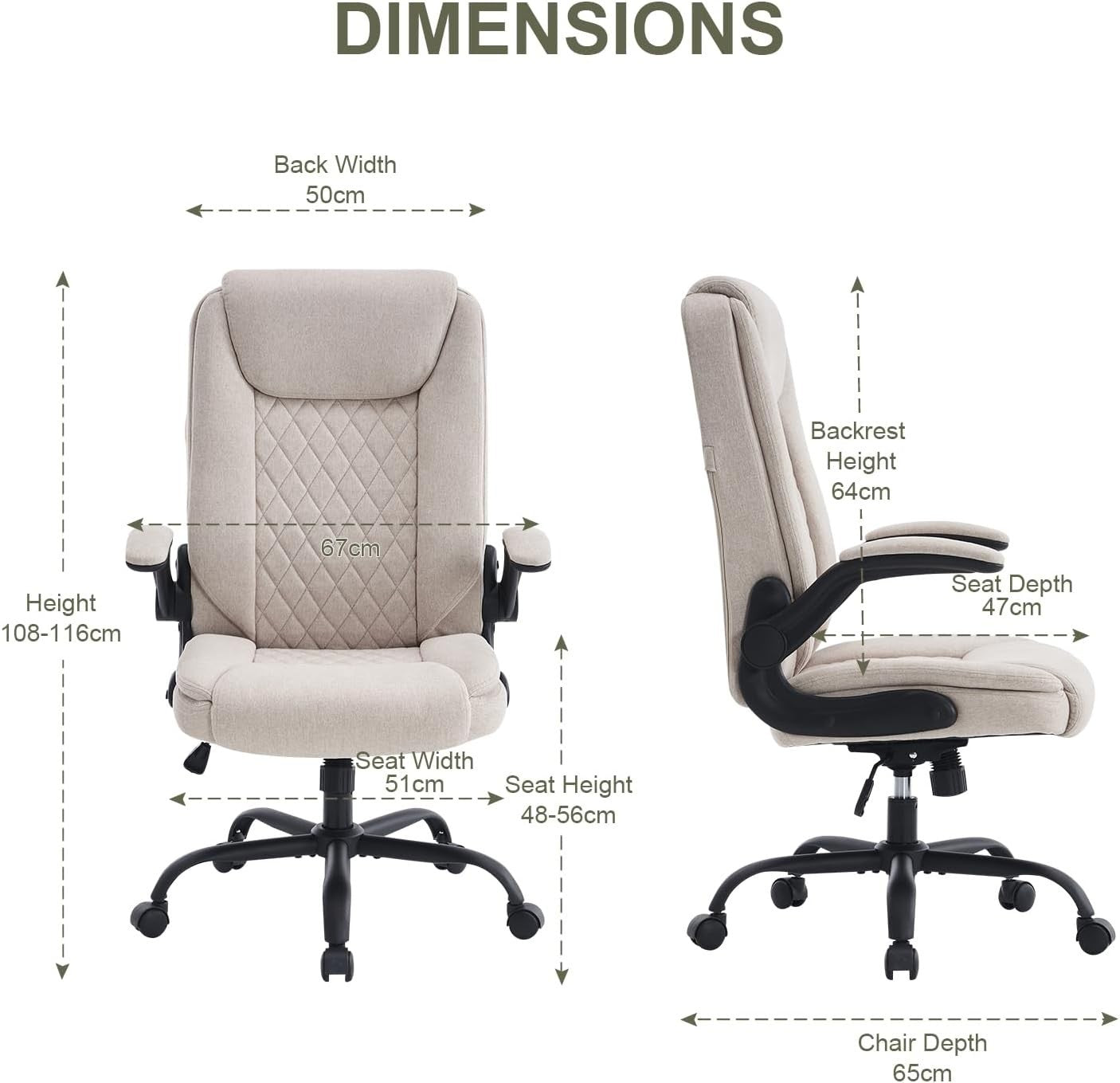 Ergonomic Office Chair Large Open Back Swivel Fabric Seat Adjustable Cream