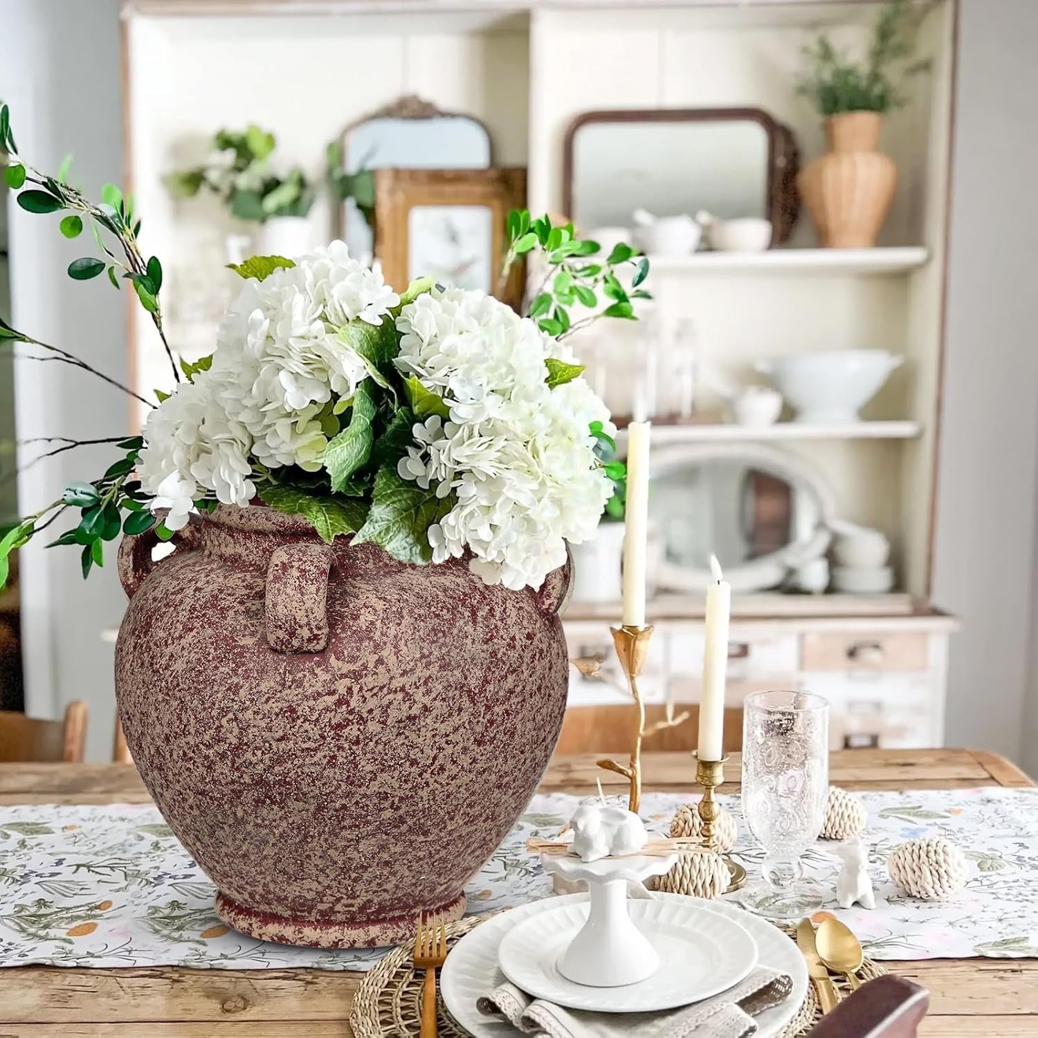 Rustic Ceramic Vase with Handles Farmhouse Table Centrepiece Decor