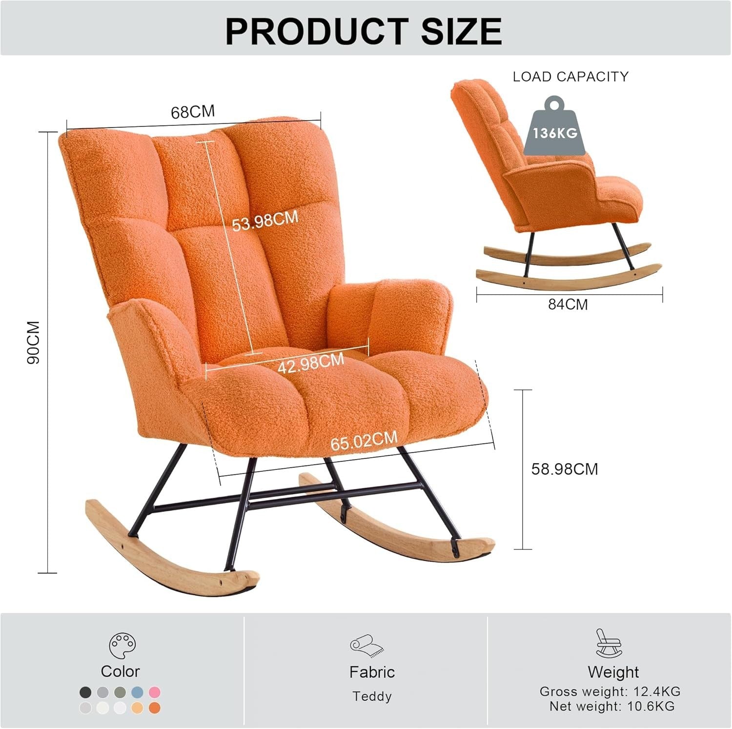 Rocking Chair Nursery Glider Comfy Armchair High Back Padded Seat Orange Teddy