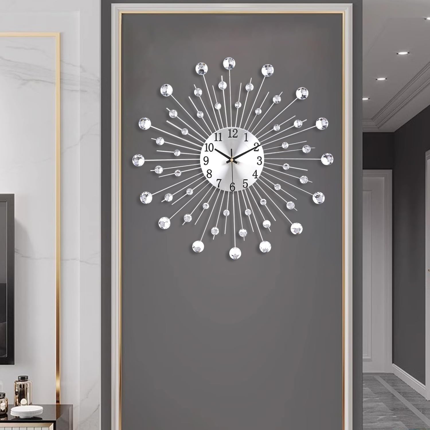 Modern Crystal Sunburst Wall Clock 50cm – Large Silent Luxury Metal Decor
