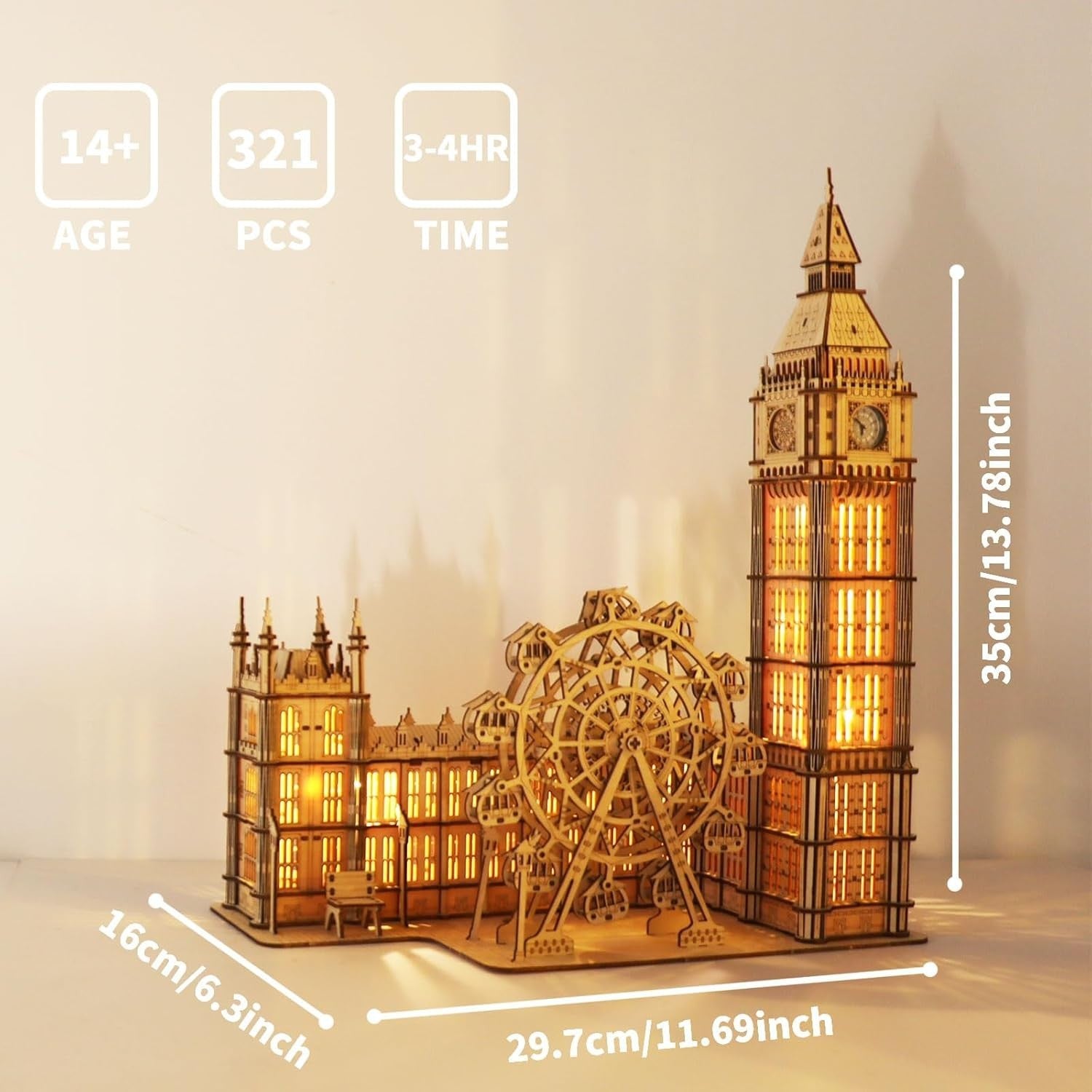 3D Wooden Big Ben Puzzle Clock Model with LED Light & Ferris Wheel