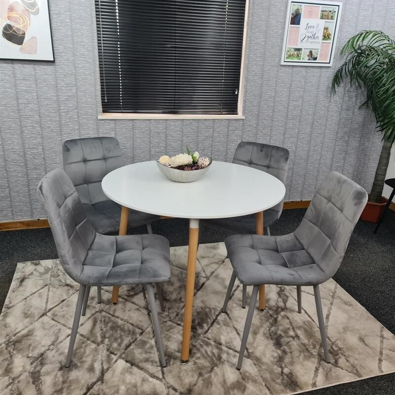 Round White Dining Table Set with 4 Grey Velvet Chairs – 4 Seater Kitchen