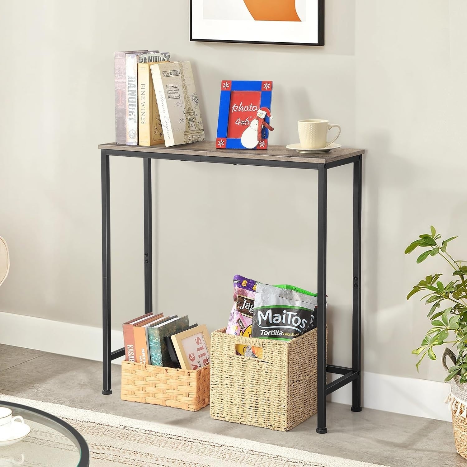 Slim Console Table for Hallway Entryway, Rustic Grey Metal Frame, Sturdy & Compa