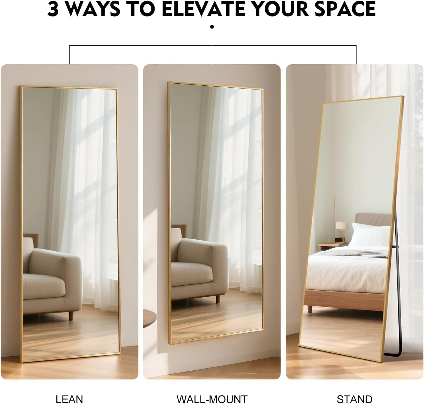 Large Full Length Mirror 165x60cm Gold Frame, Shatterproof Glass Wall Leaning