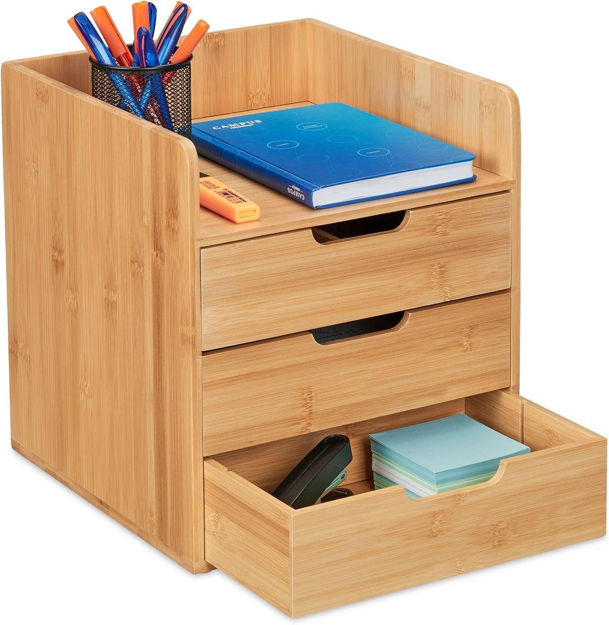 Bamboo Desk Organiser with 3 Drawers & Adjustable Compartments – Office Storage