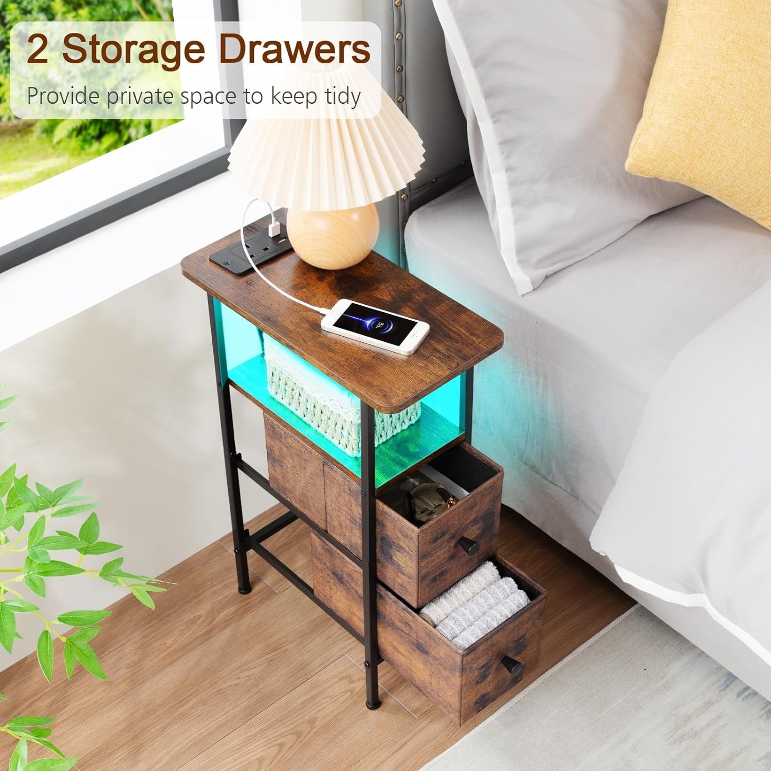 Slim LED Bedside Table with Charging Station, 2 Drawers & Shelf Rustic Brown