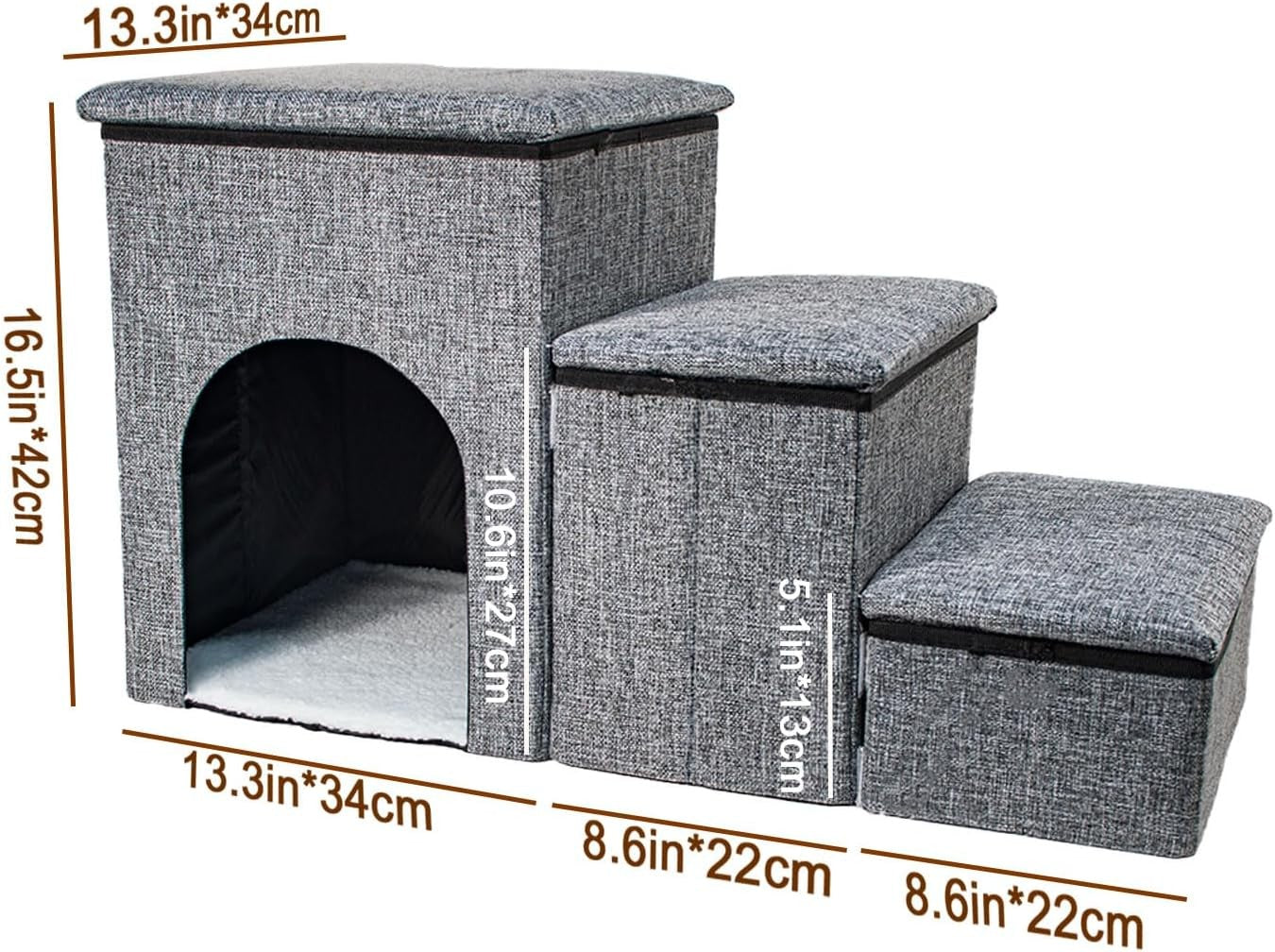 Grey 3 in 1 Dog Stairs with Storage Pet Steps House 78x34x42cm