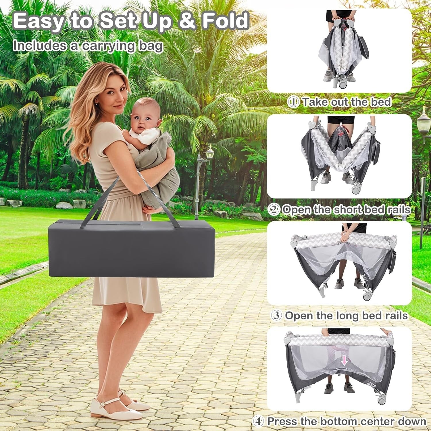 4in1 Travel Cot Baby Bedside Foldable Crib Bassinet Portable Playard Grey