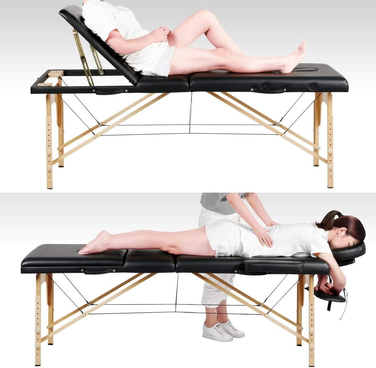 Portable Massage Bed 3 Section Beauty Spa Salon Couch Adjustable Wooden Frame
