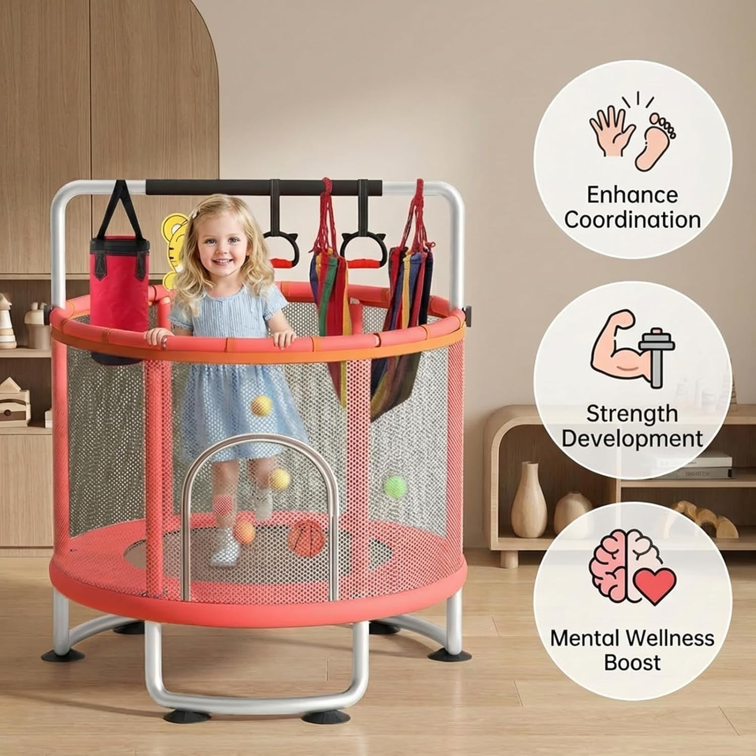 5FT Kids Indoor Outdoor Trampoline Playset with Safety Net & Gym Bar