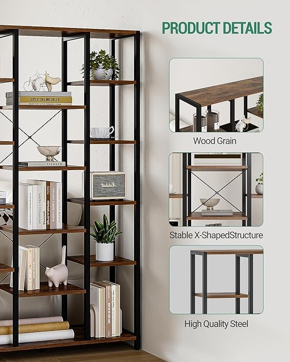 Tall 6 Tier Industrial Bookcase Rustic Brown Black Metal Shelves 15 Cube Storage