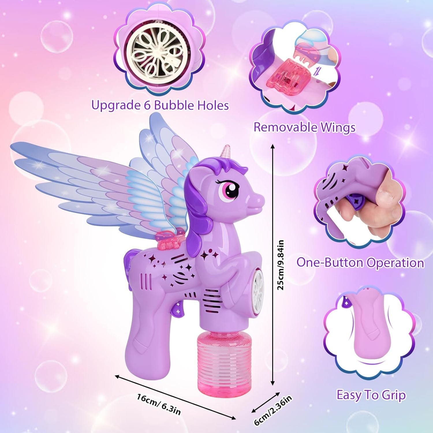 Unicorn Bubble Gun LED Light Wings Purple Toy