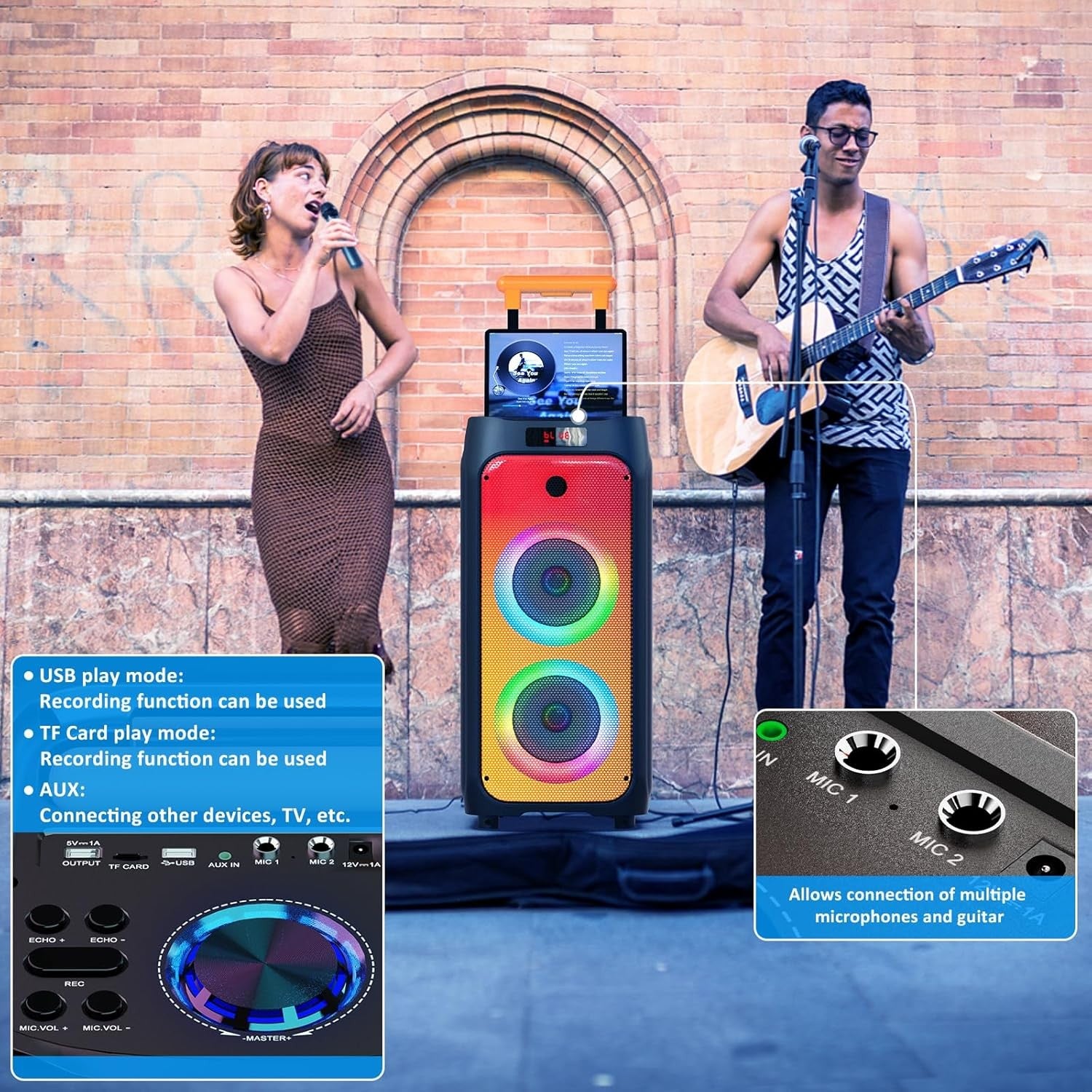 8" Subwoofer Karaoke Speaker with 2 Wireless Mics DJ Lights Trolley