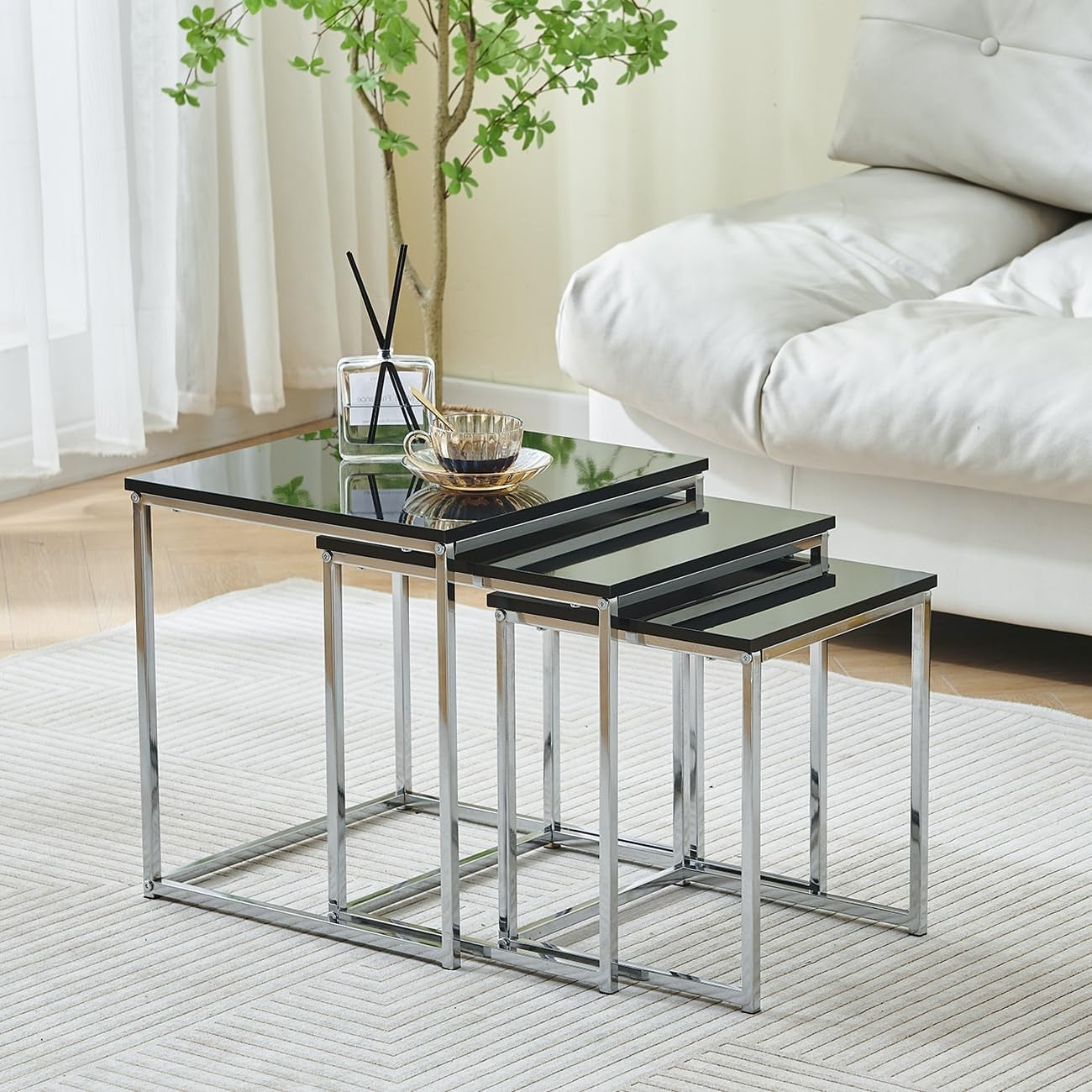 Set of 3 Black Nesting Coffee Tables Side End Bedside Lamp Table Wood Metal