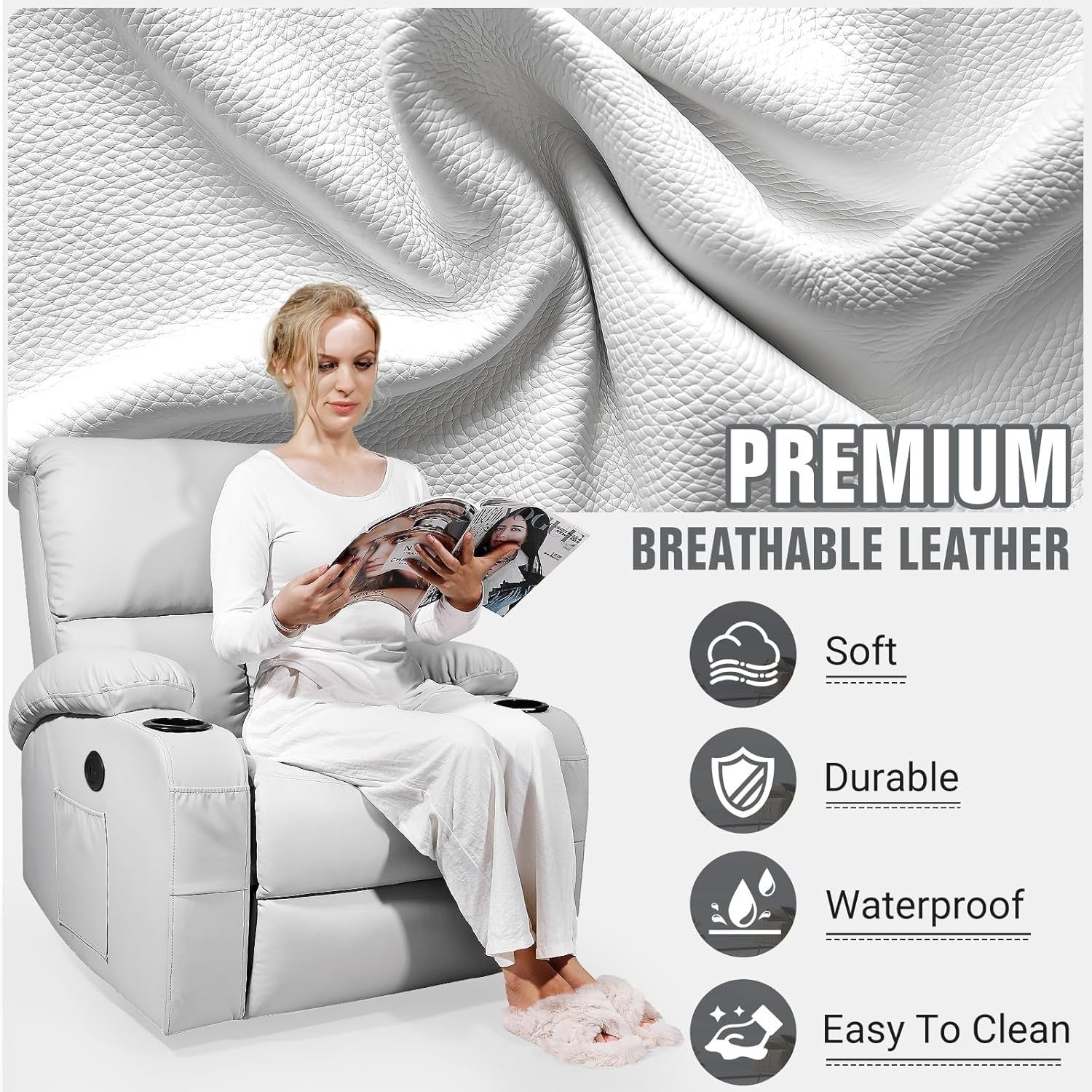 Swivel Rocker Recliner Massage Heat USB Type-C Faux Leather Light Grey