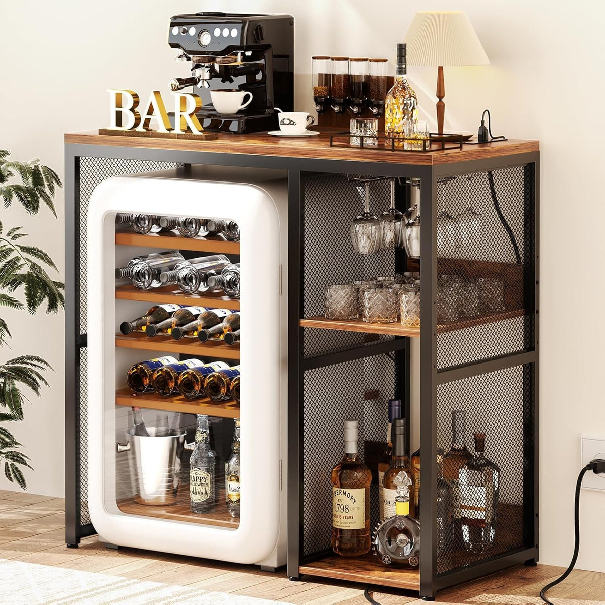 Mini Fridge Stand with Power Outlets Wine Bar Storage Cabinet Rustic Brown