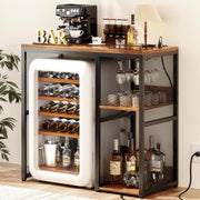 Mini Fridge Stand with Power Outlets Wine Bar Storage Cabinet Rustic Brown