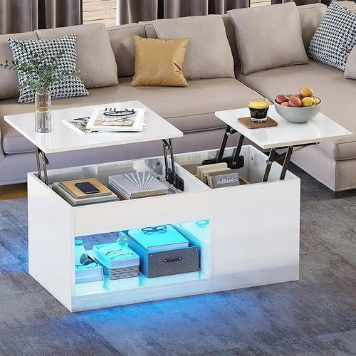 Lift Top LED Coffee Table White Gloss Storage RGB Light Desk Living Room