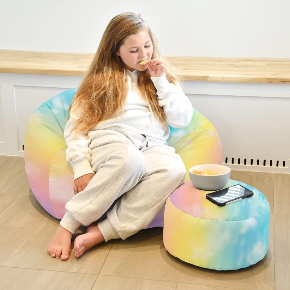 Kids Tie-Dye Bean Bag Chair with Footstool – Durable, Machine Washable, Indoor C