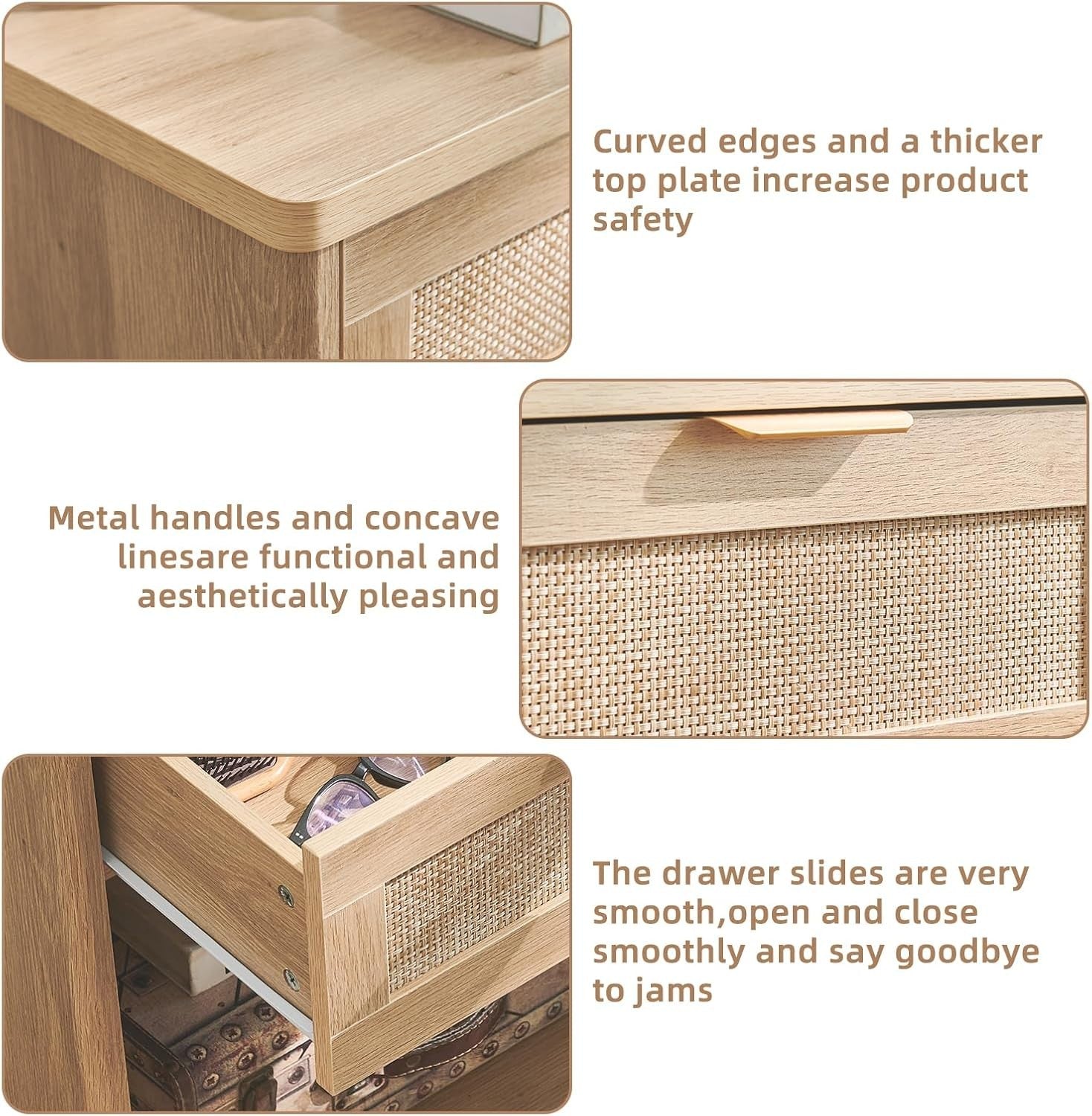 Natural Rattan Bedside Table Nightstand with Drawer Boho Wood Side Table