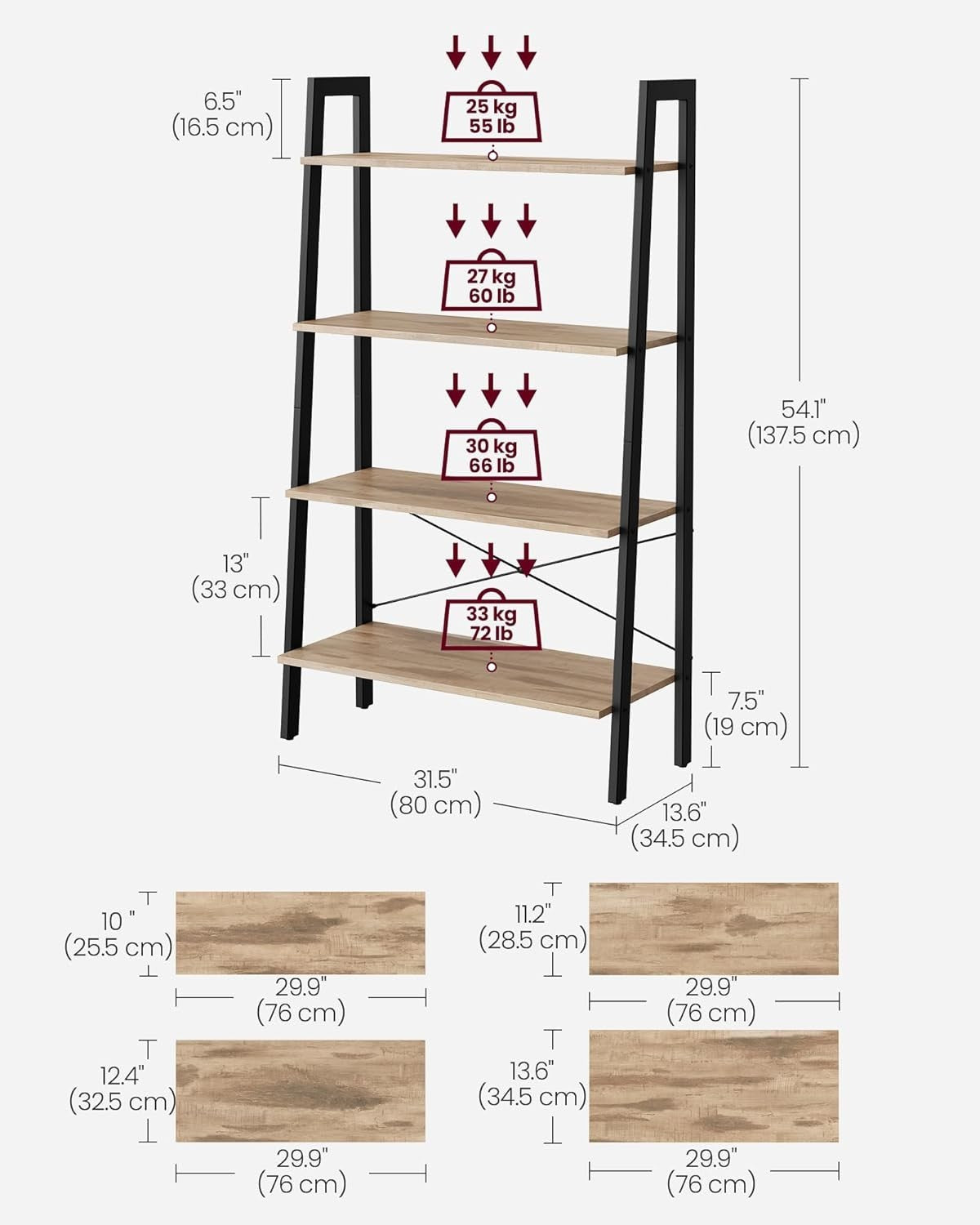 4-Tier Industrial Ladder Shelf Bookcase Storage Rack Camel Brown 138cm