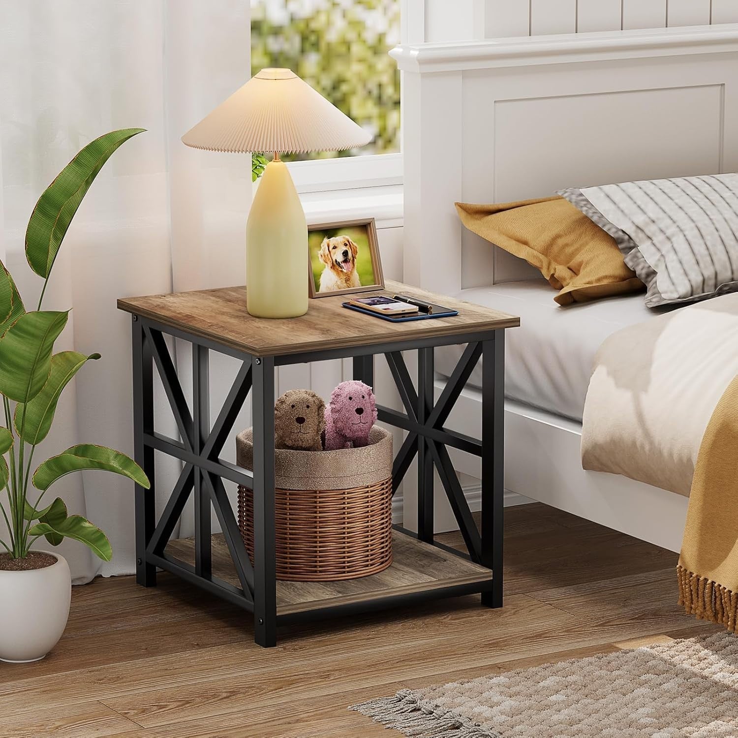 2-Tier Storage Side Table 50x50cm Square End Table Grey Wash Durable