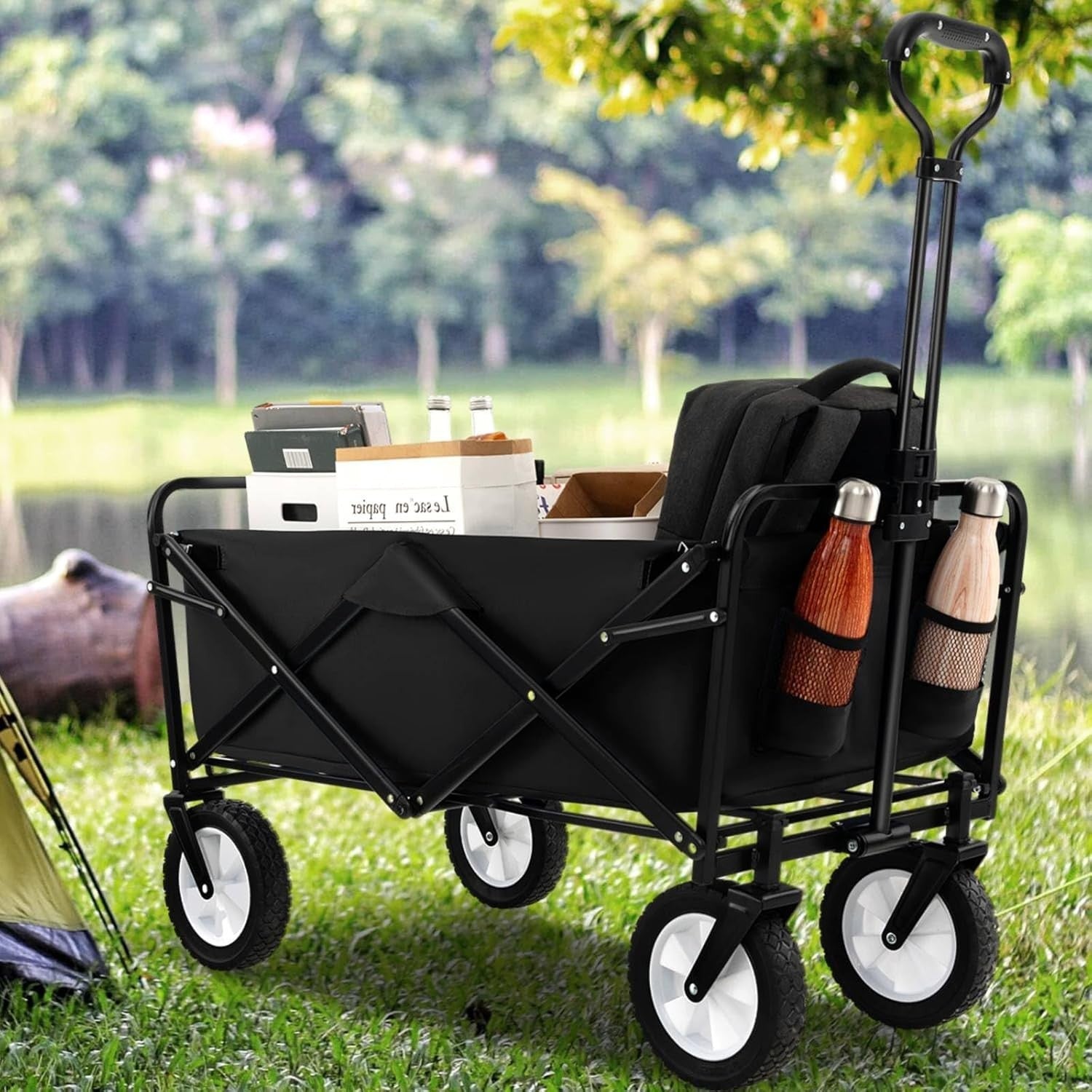 Folding Festival Trolley Wagon 82L Heavy Duty Cart All Terrain Wheels Black