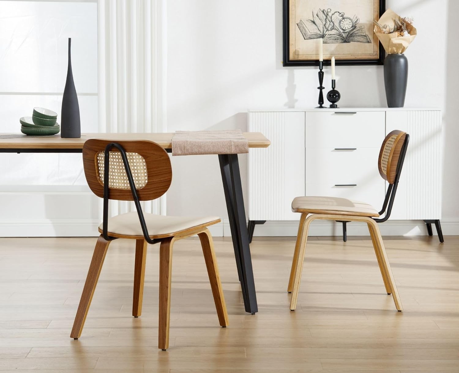 Rattan Dining Chairs Set of 2 Mid Century Wooden Legs Kitchen Dining Seats