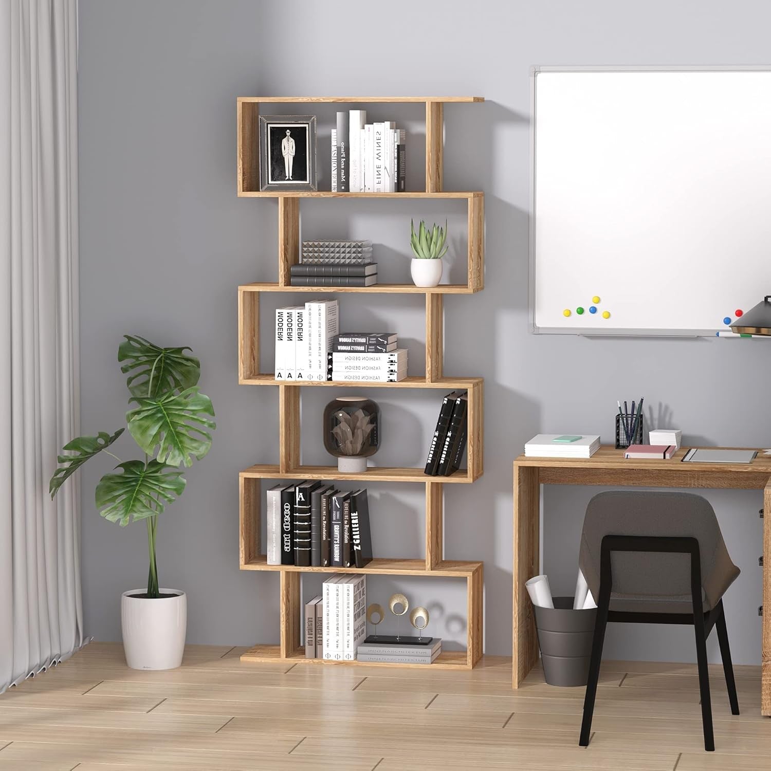 Oak S-Shape 6-Tier Bookcase Modern Display Shelf Room Divider Storage Unit