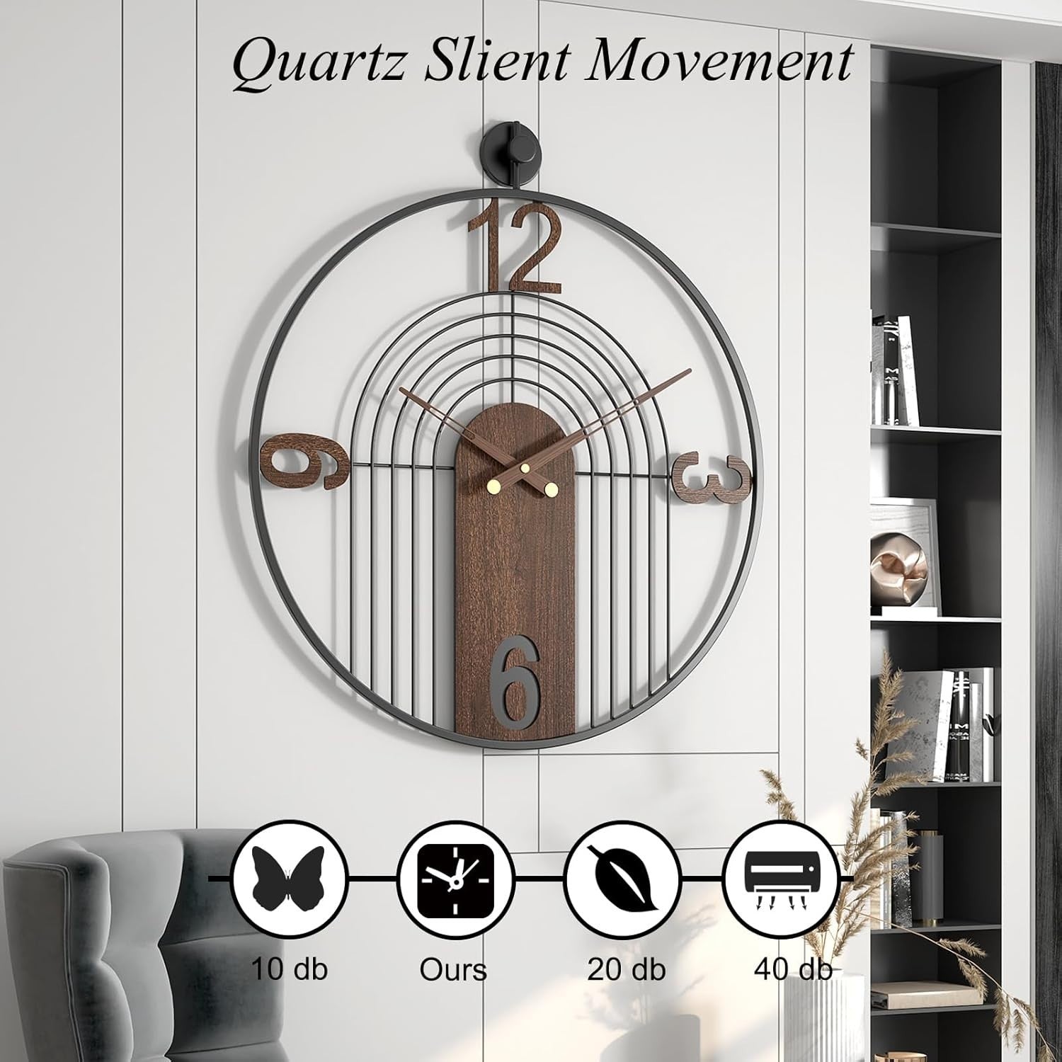 Luxury Silent 70CM Wall Clock Walnut Wood Metal Modern Decor Home Gift