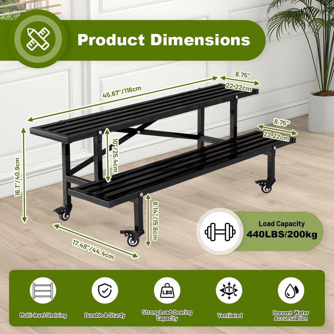 2 Tier Metal Plant Stand with Wheels | Indoor Outdoor Rolling Flower Shelf Rack