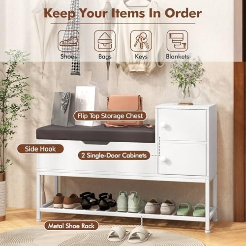 White Grey Shoe Storage Bench with Cushion, Flip Chest & Cabinets Hallway Unit