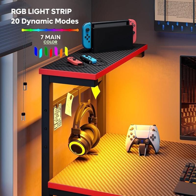 Gaming Desk 113CM LED Lights Shelves Reversible PC Table with Storage Bag