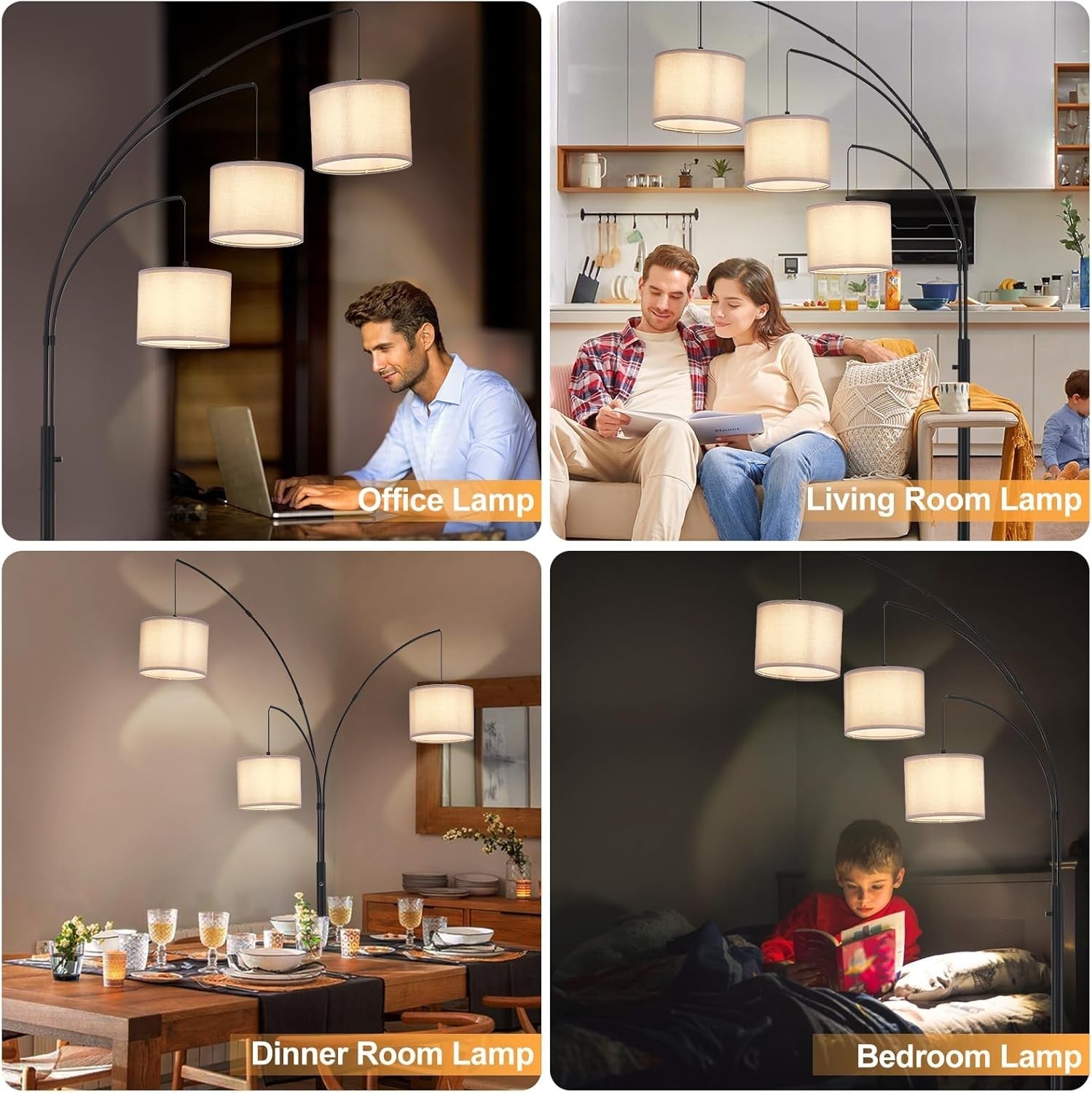 Modern 3-Light Dimmable Floor Lamp with Grey Shades for Living Room Office