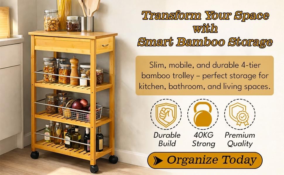 4 Tier Slim Bamboo Kitchen Trolley on Wheels Drawer Storage Cart Space Saver