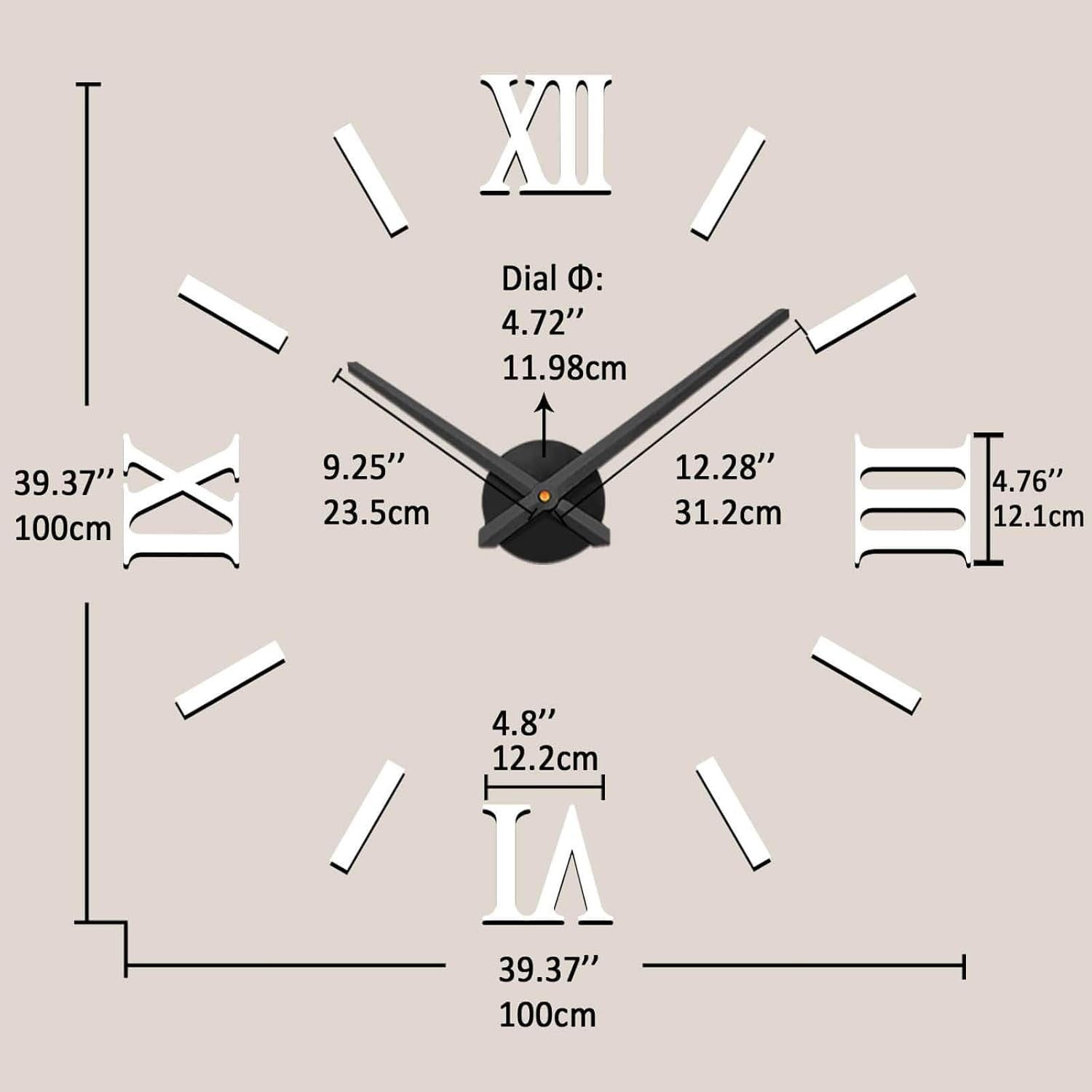 Modern DIY Frameless Wall Clock Large 3D Mirror Sticker Roman Numeral Decor