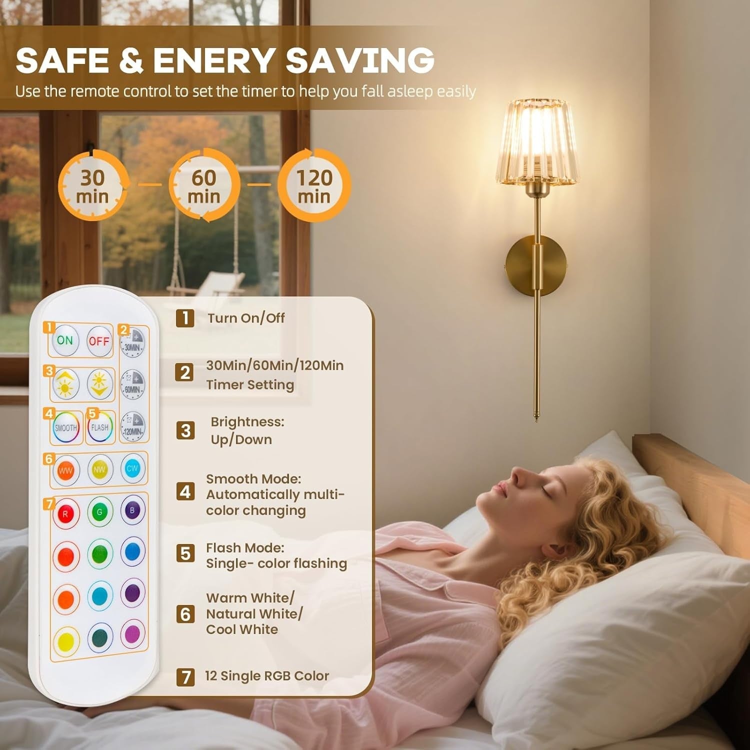 Gold Crystal Wall Sconces Set of 2 Battery Powered RGB Lights with Remote