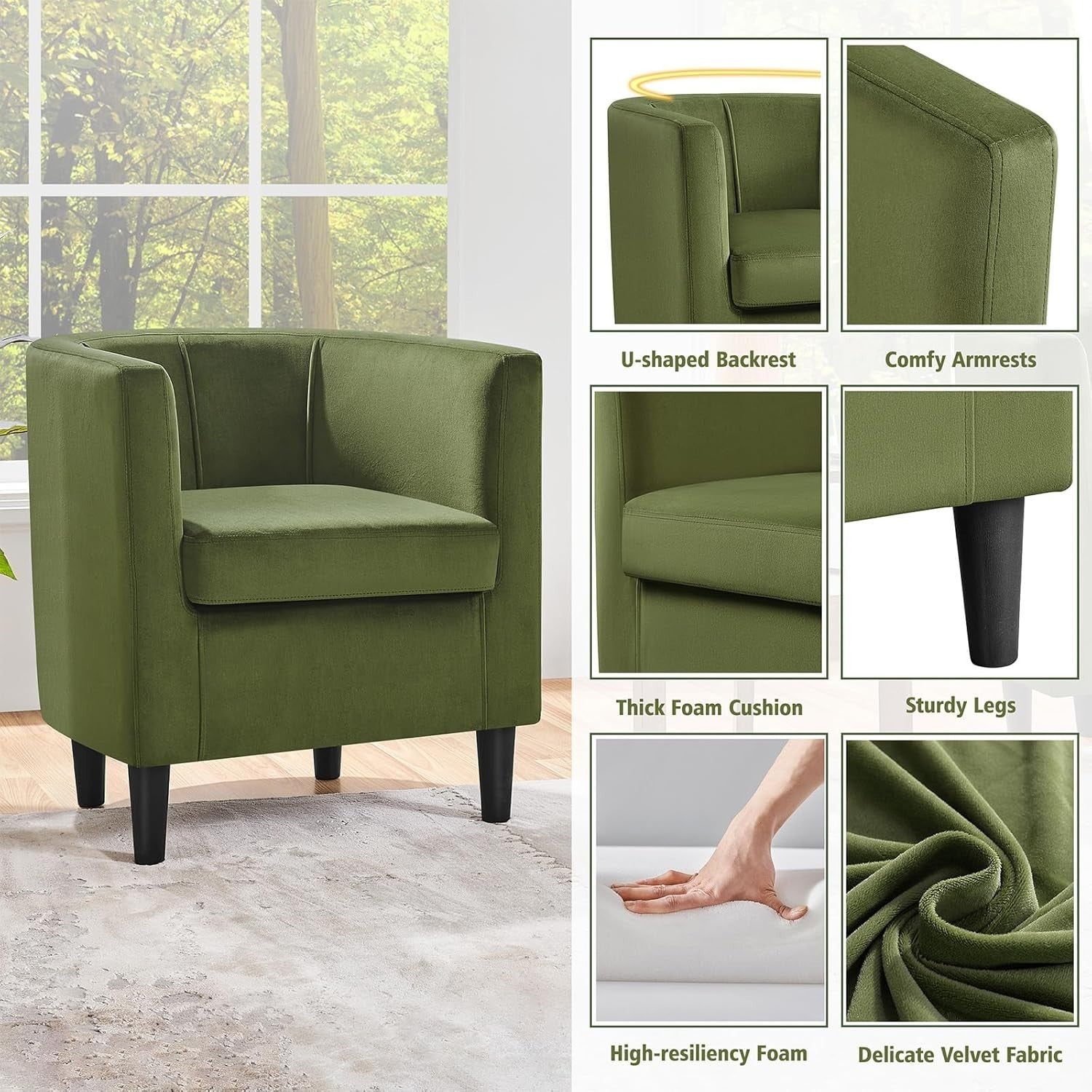 Velvet Tub Chair Armchair Green Lounge Barrel Seat Sofa Modern Upholstered