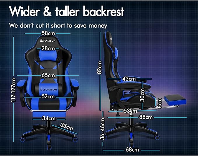 ELFORDSON Gaming Chair w/ 2-Point Massage Lumbar Blue