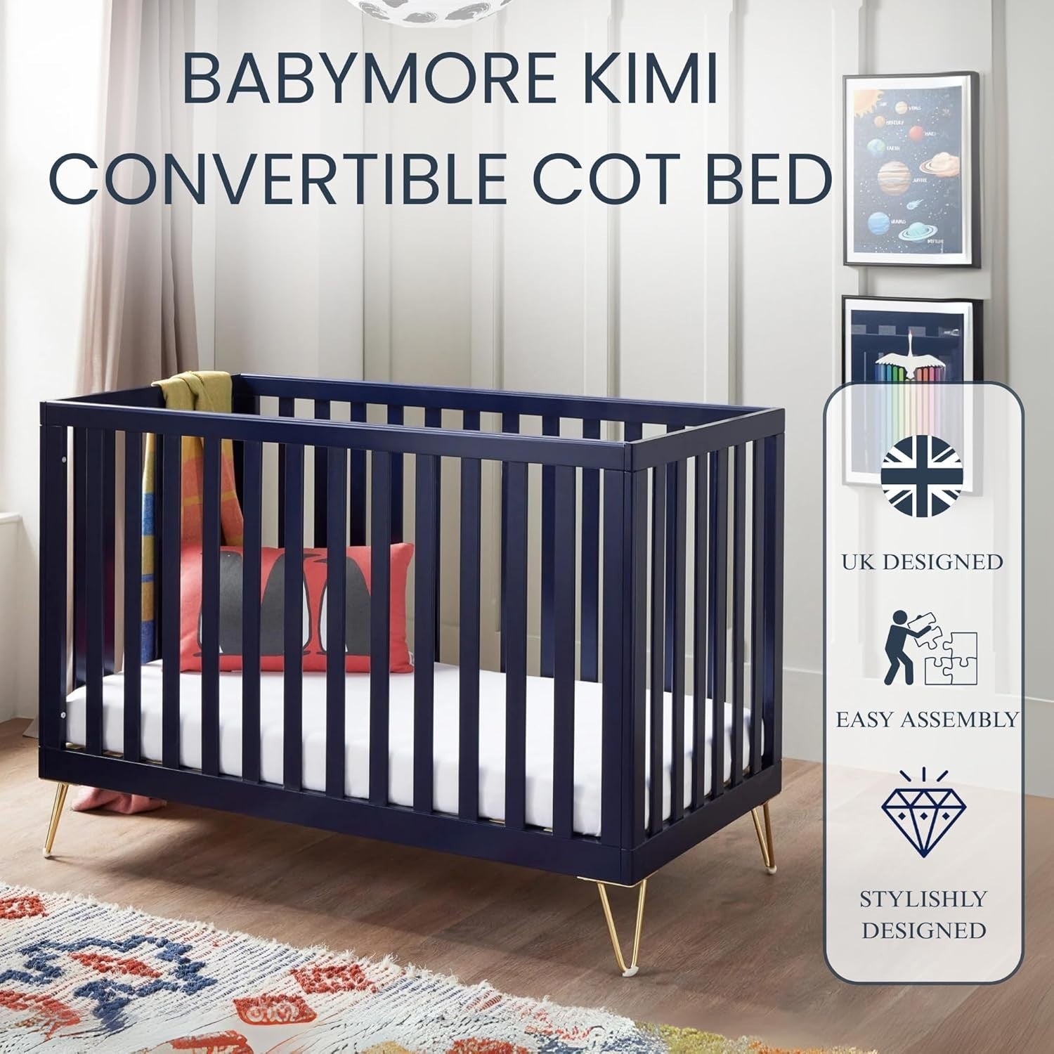 Baby Cot Bed Convertible Toddler Bed Adjustable Height Modern Design Midnight