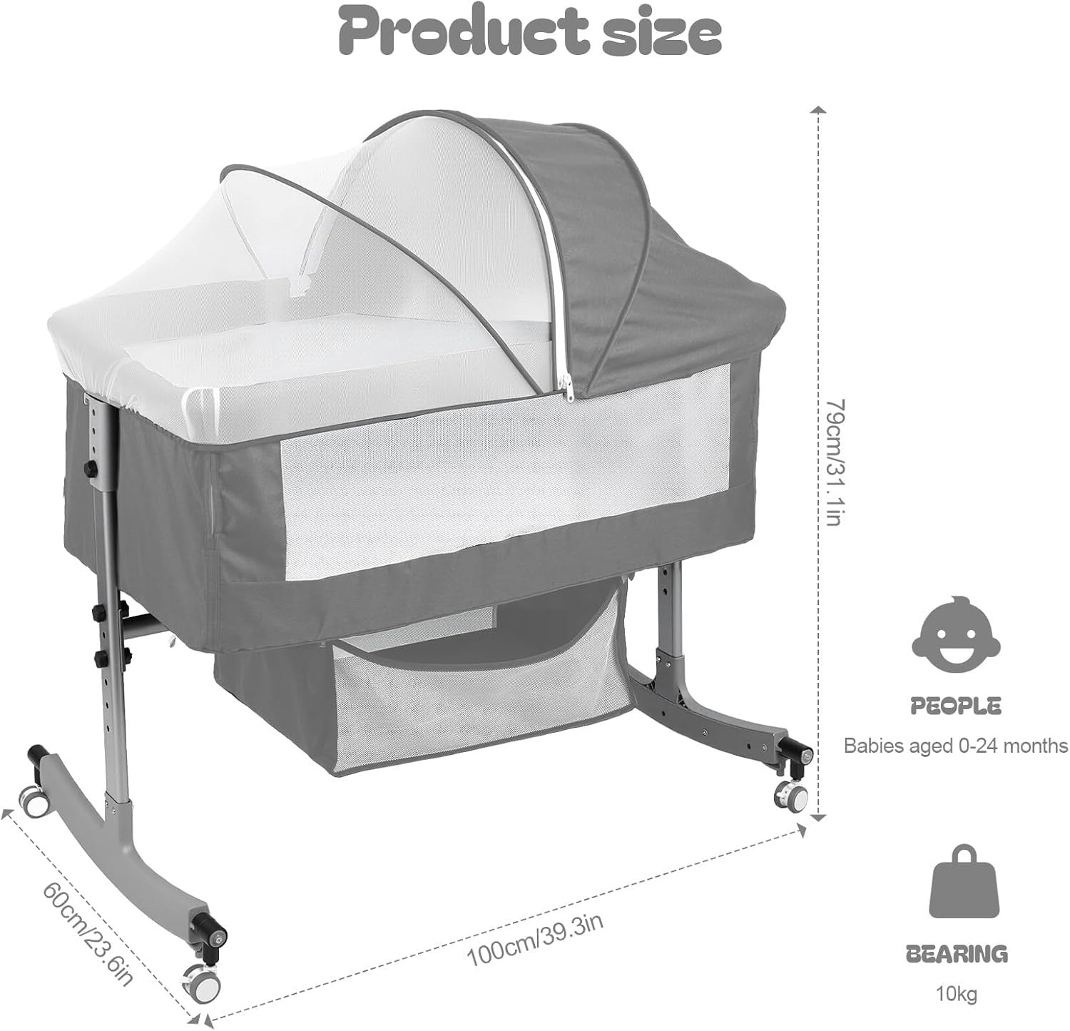 Rocking Bedside Crib with Mosquito Net Wheels Adjustable Height & Storage Grey