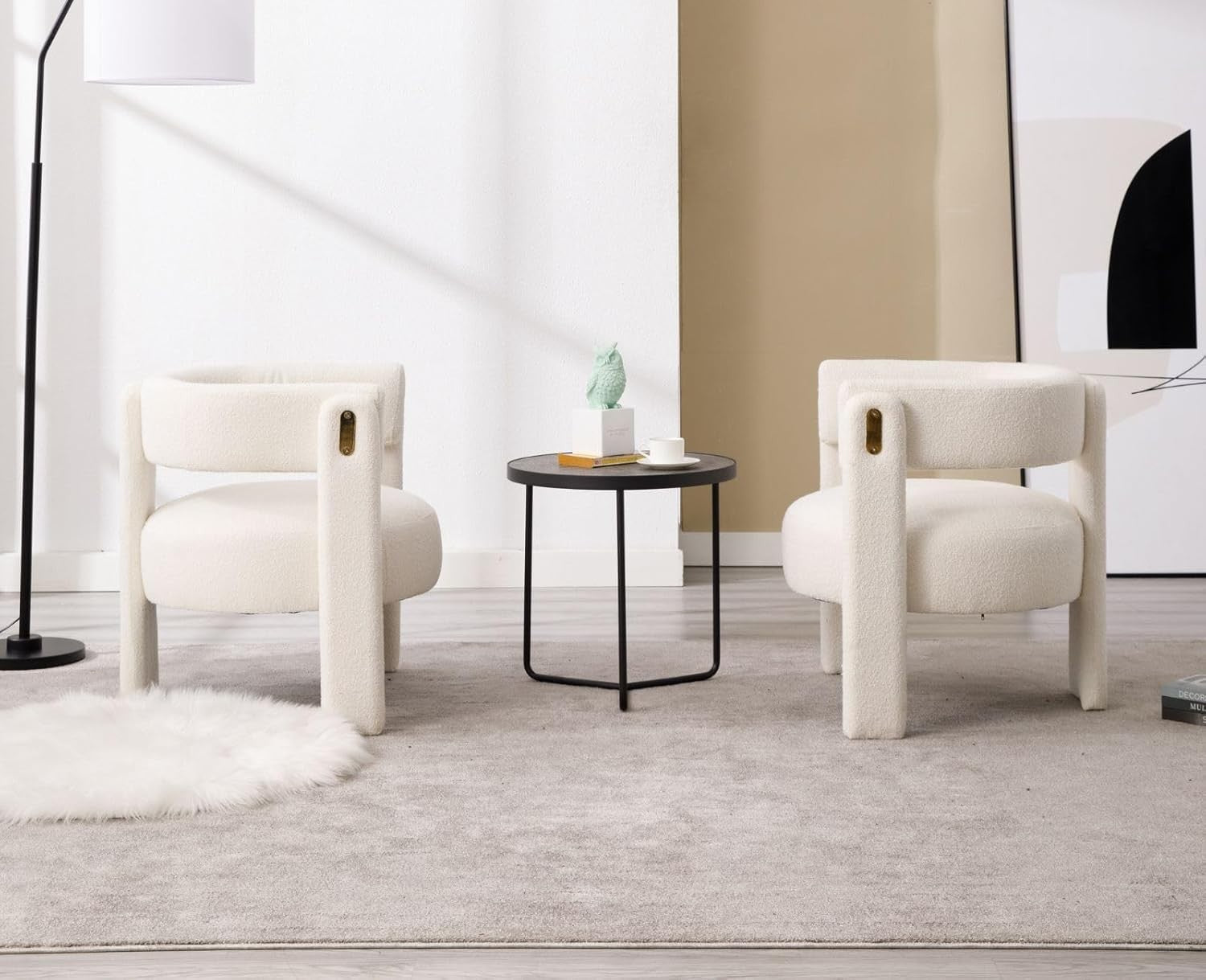 White Faux Fur Accent Armchair – Semi-Circle Modern Lounge Chair for Bedroom