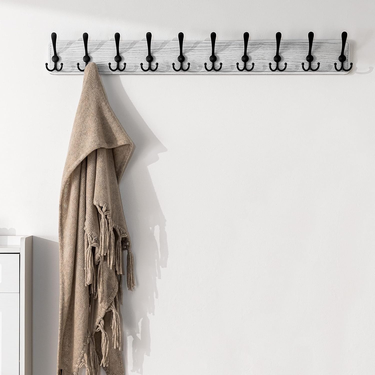 Weathered White Wooden Wall Coat Rack 38" | Heavy Duty 10 Hook Rustic Organizer