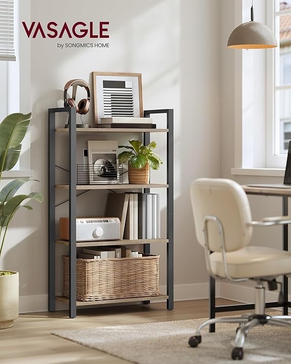 4-Tier Industrial Bookshelf Rustic Greige Metal Wood Storage Shelving Unit