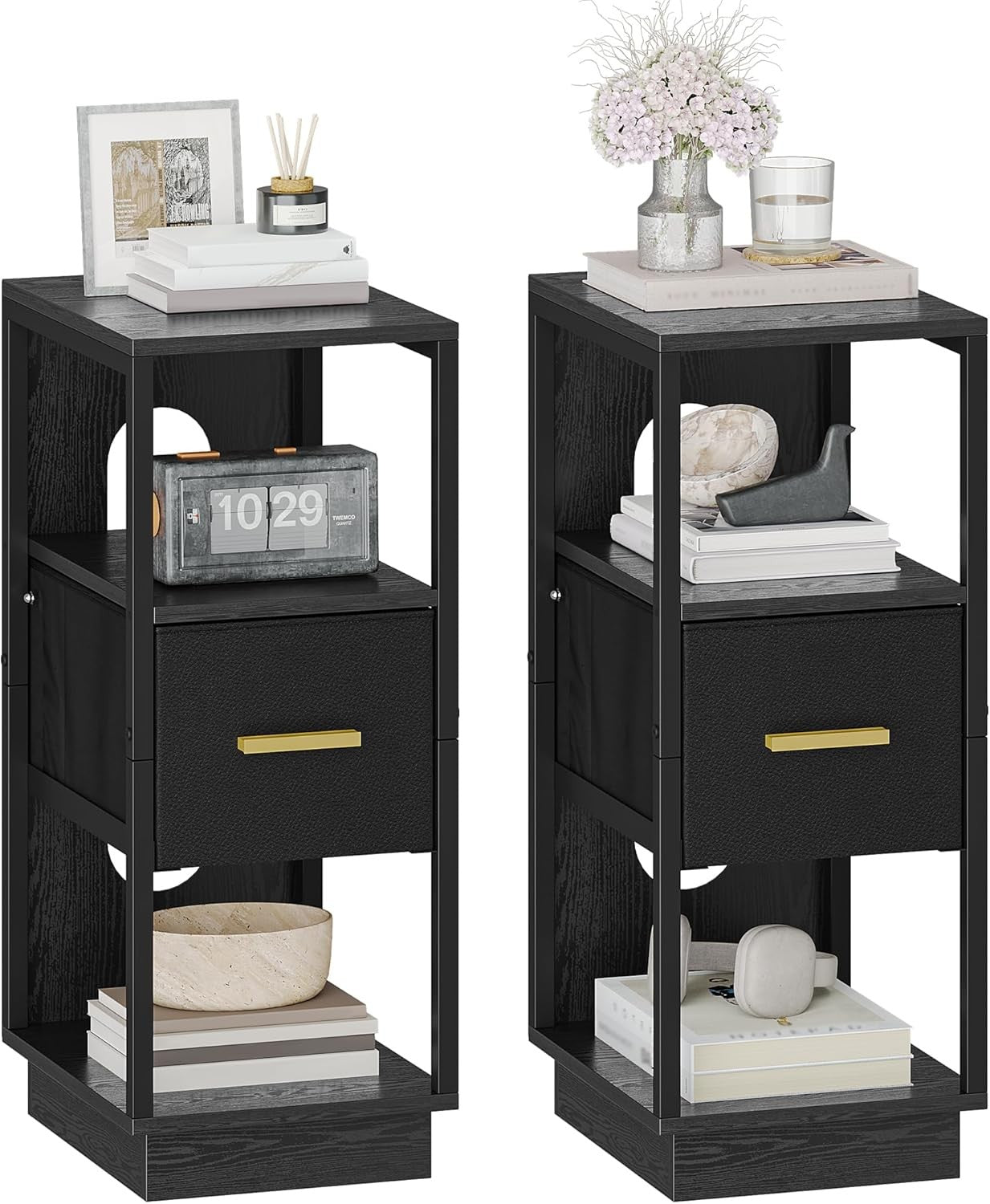Set of 2 Slim Black Bedside Tables – Modern Narrow Nightstands with Drawer & She