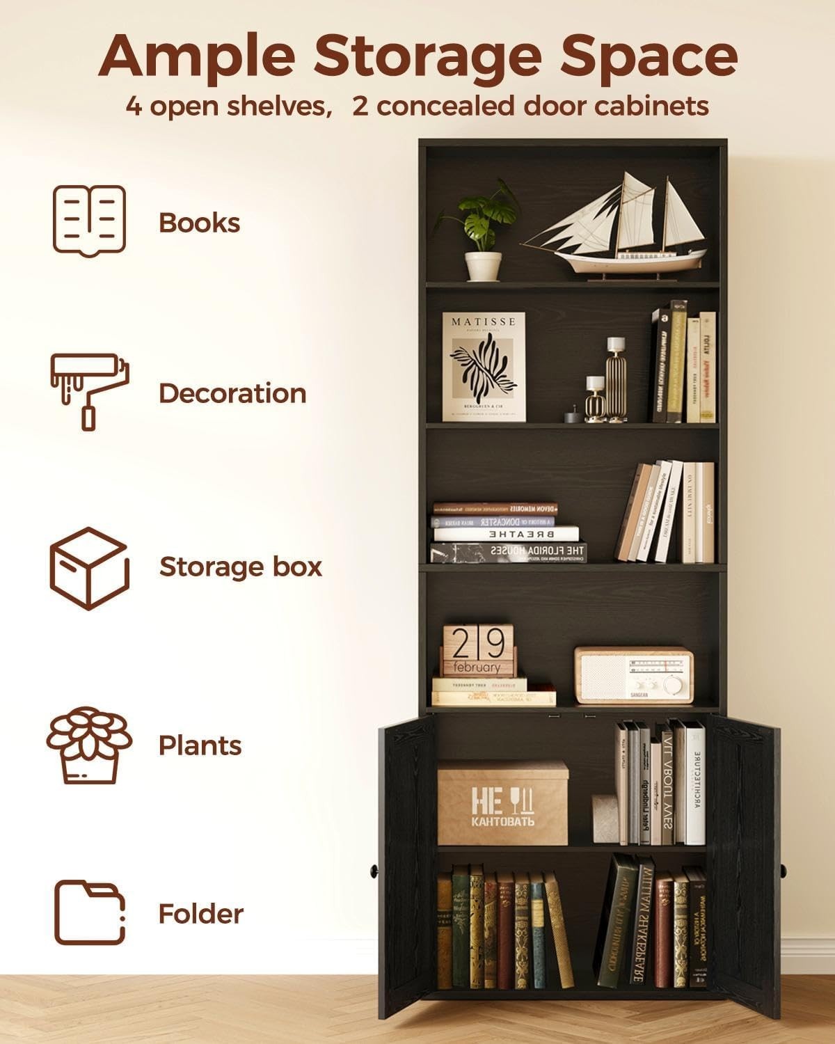 6 Tier Tall Black Bookcase with Doors Storage Display Shelf 60x23.5x180cm