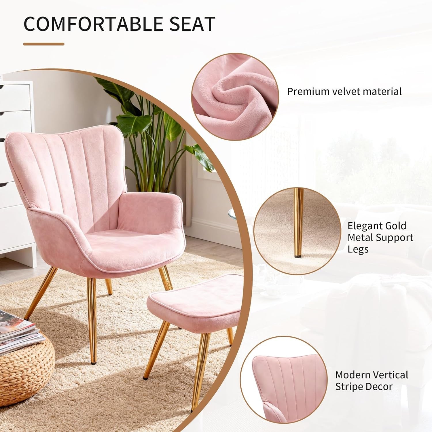 Wing Back Accent Armchair with Footstool Modern Lounge Chair Pink