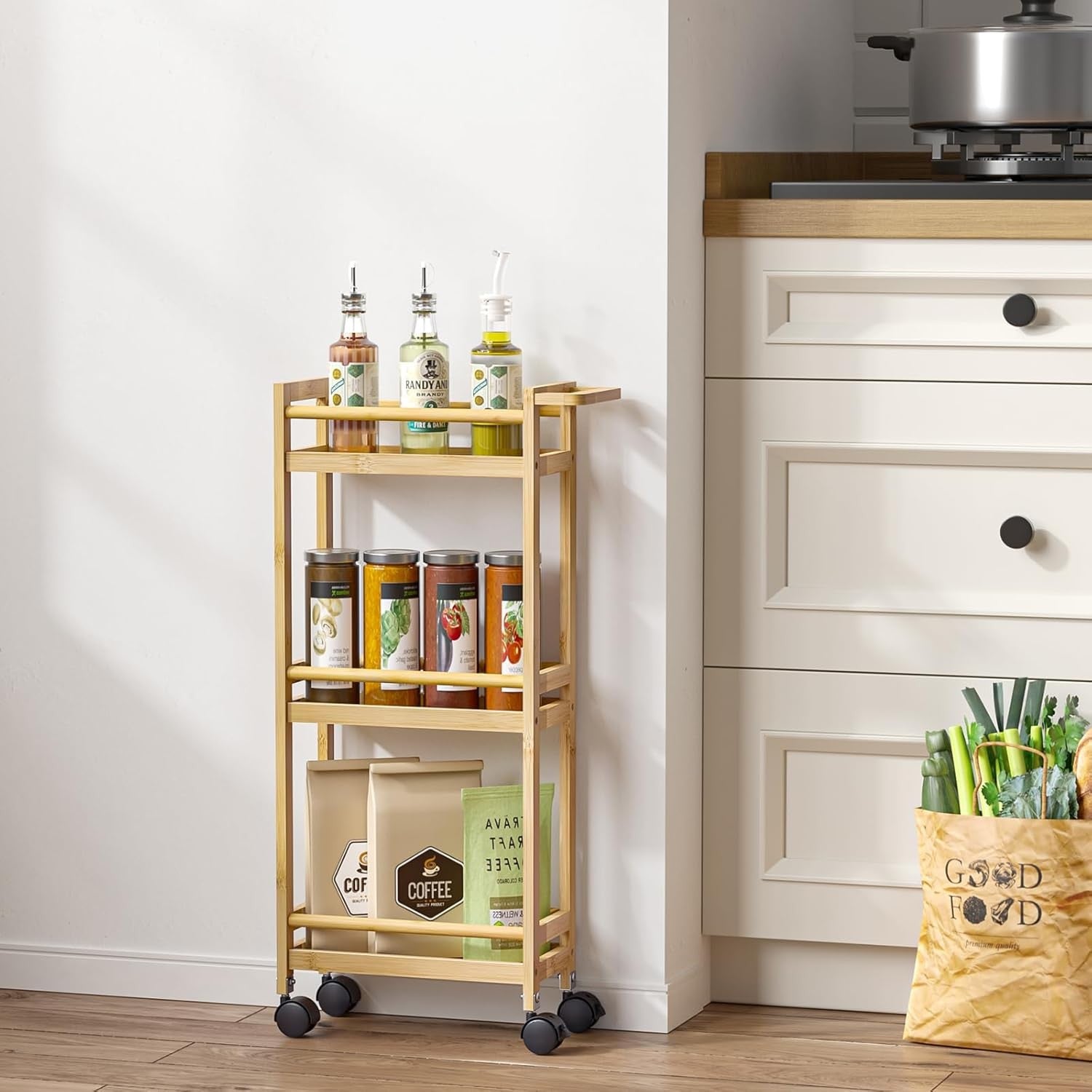 Bamboo 3 Tier Rolling Kitchen Trolley Cart with Wheels Storage Shelf