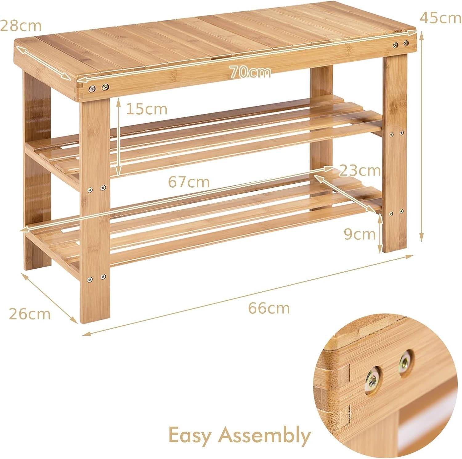 Natural Bamboo Shoe Storage Bench – 3-Tier Rack & Seat for Hallway 70cm