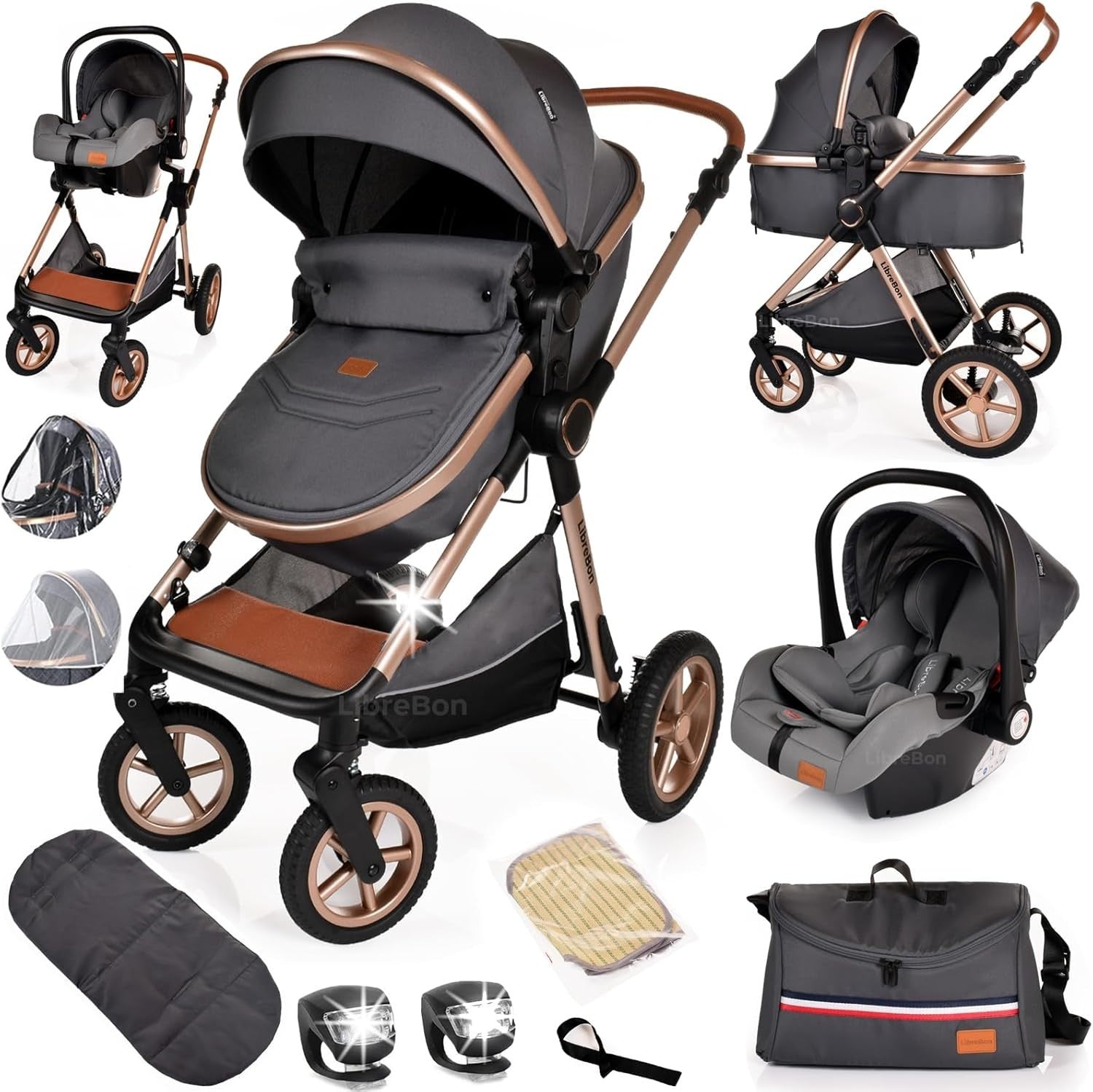 3 in 1 Baby Travel System Lightweight Pram Pushchair Foldable Stroller Grey